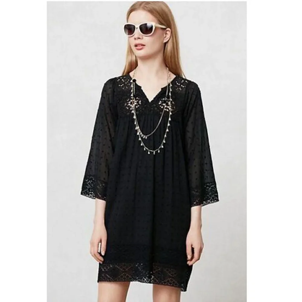 Anthropologie Devon Swing Embroidered Mini Dress Lace Cotton Black XS New - Picture 1 of 5